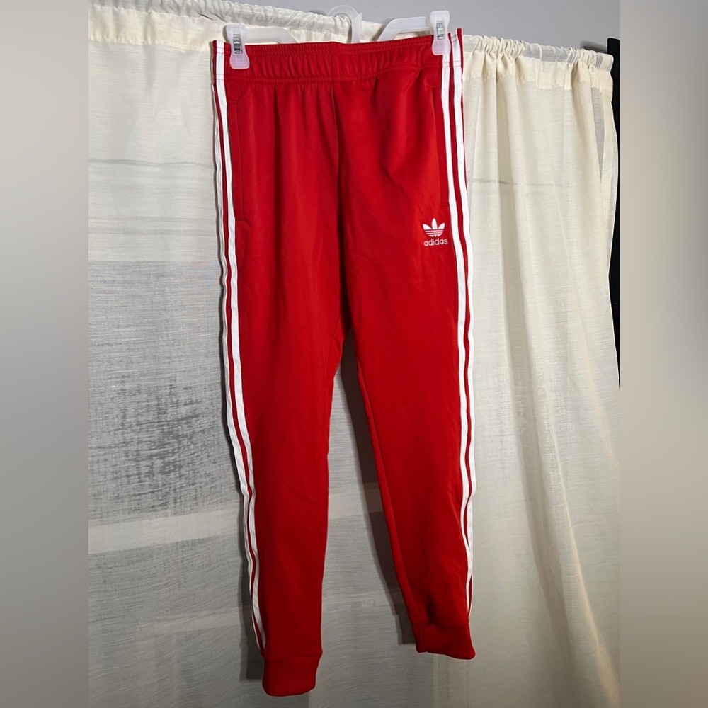 Unisex Red Adidas kids white strapes sweatpants
